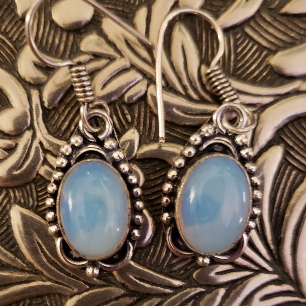 Opalite & Silver Earrings, 1.5", NWOT, Artisan-made, Blue Lustre, French Wires.
